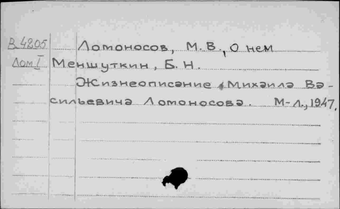 ﻿/\пмриоспу. t M. B . <) нем____________
AûûlZ .... Ni „еиш.^ткмм ,....£>• H.,....
---- CHC- ^знеописэнne	В_э -
.силкевима Л омомасова......„...M-/1^1947